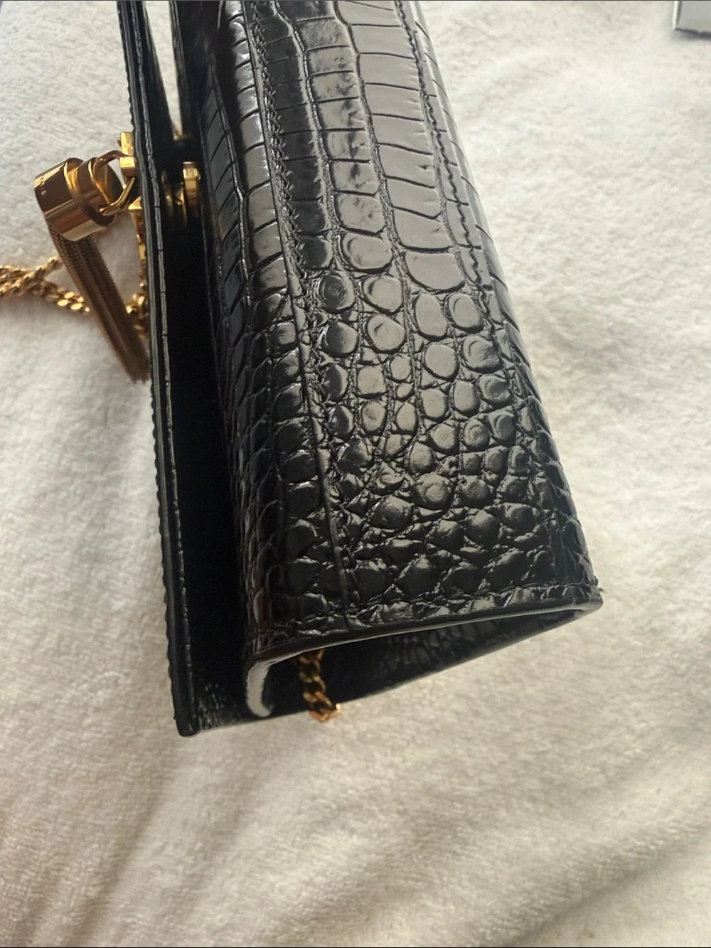 Saint Laurent Black Croc-Embossed Shoulder Bag with Gold Chain and YSL Tassel